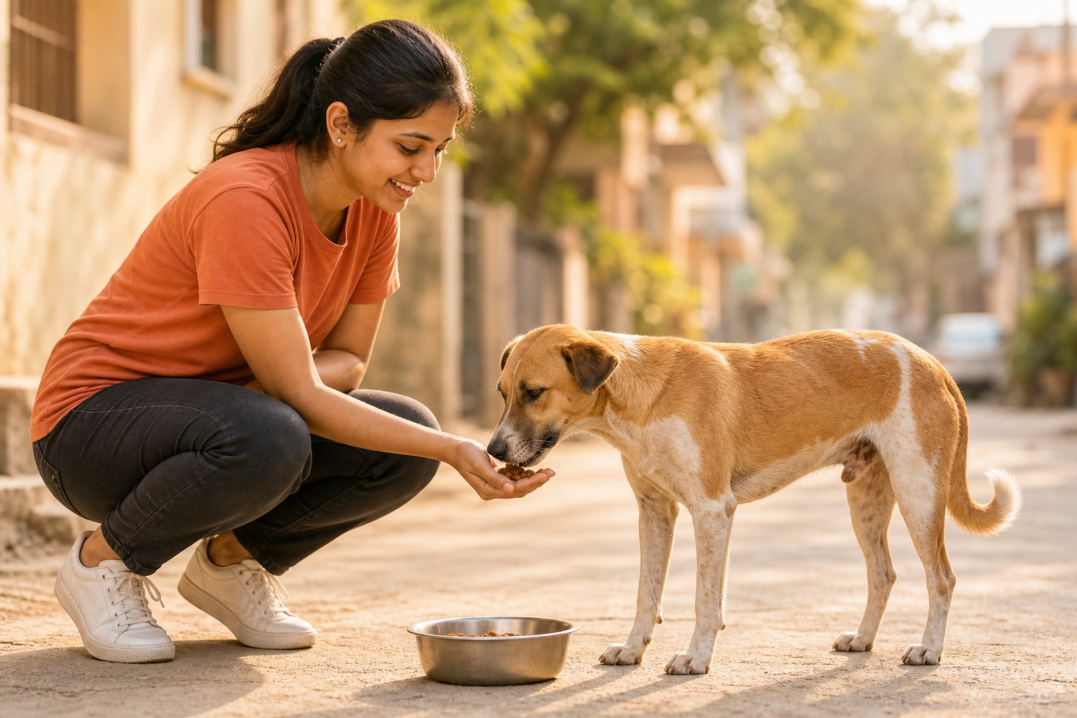 A volunteer feeding a street dog