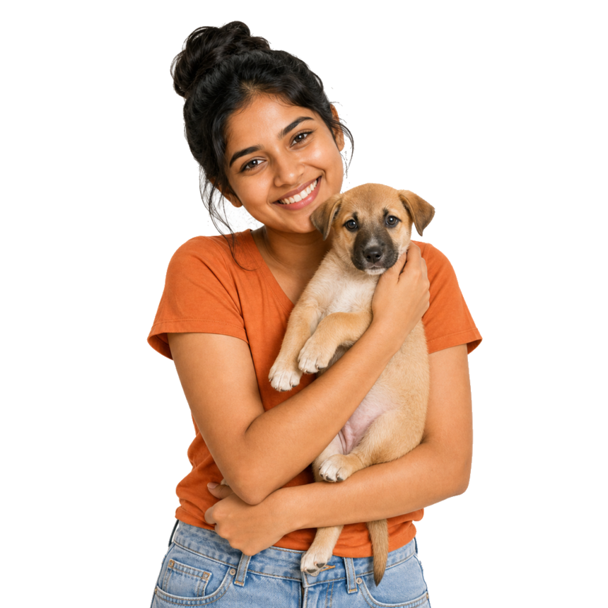 A volunteer cradling a rescued puppy